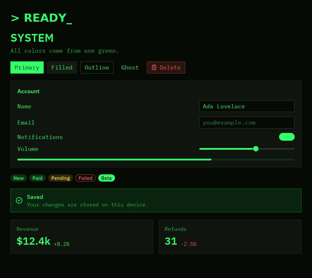 The preview screen in green on black with a monospaced font