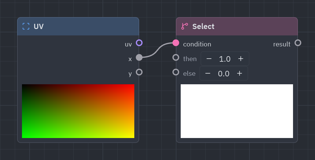 The Select node as it looks in the Shader view, with its preview