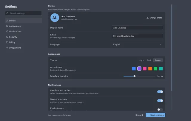 Settings page