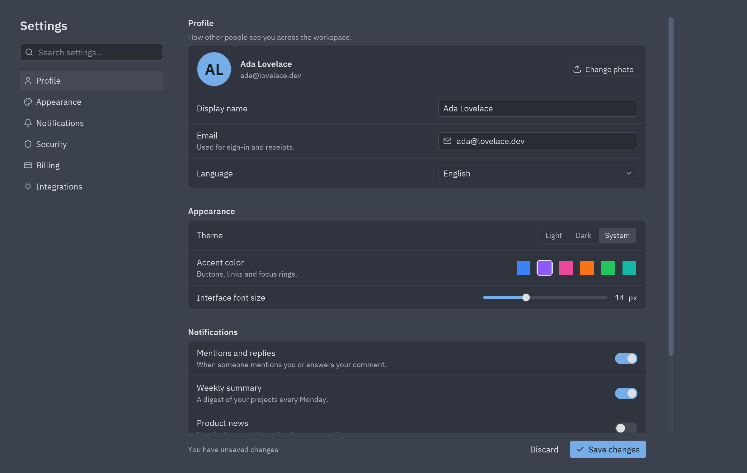 A settings page with sections, switches and theme options