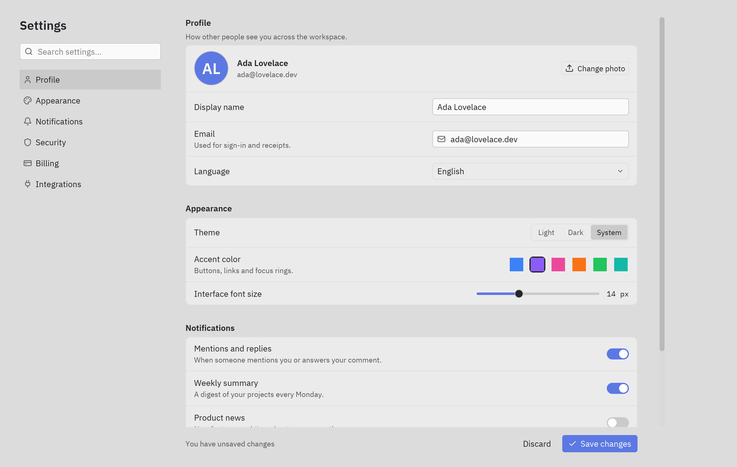 A settings page with sections, switches and theme options