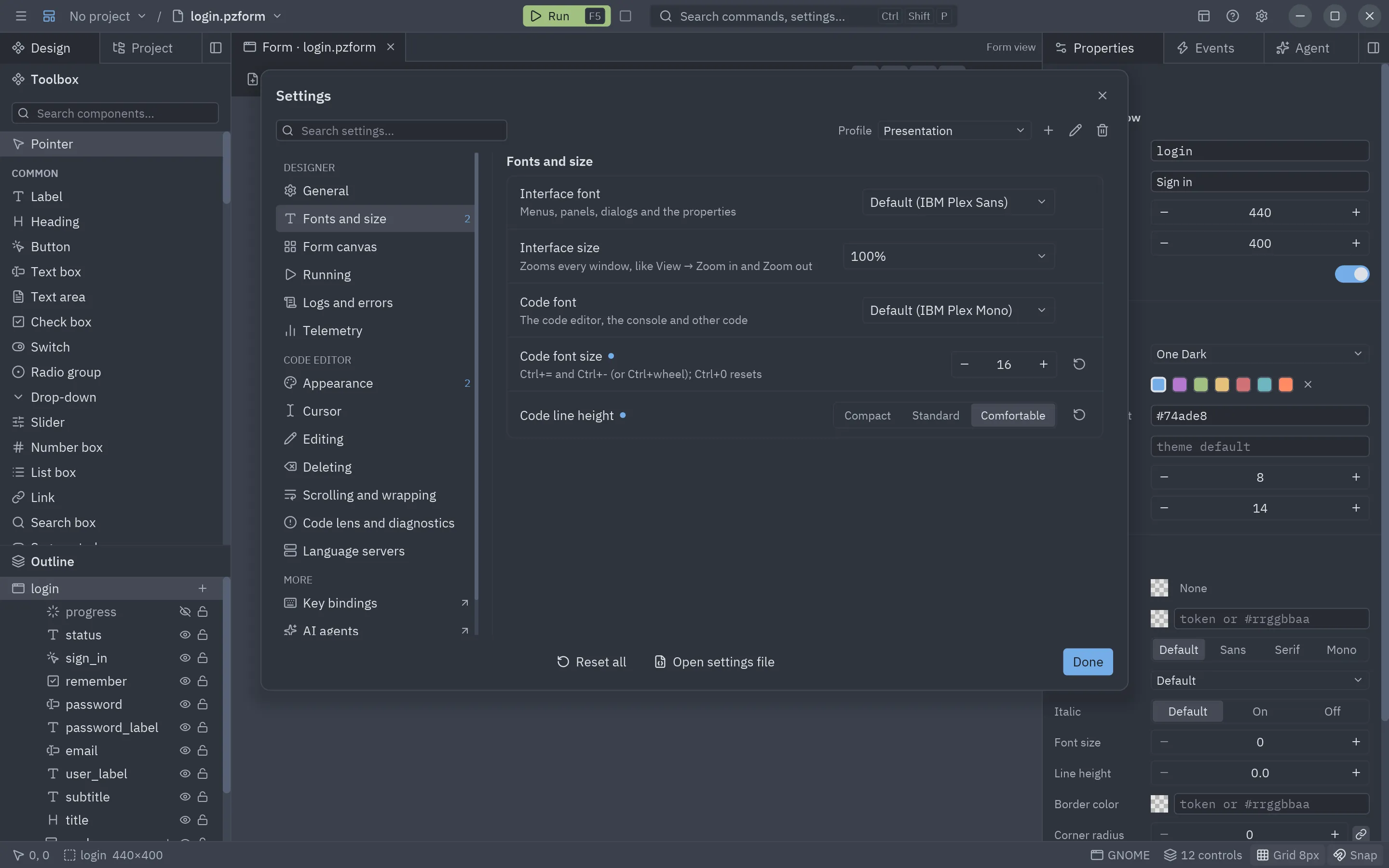 A profile with two changed settings