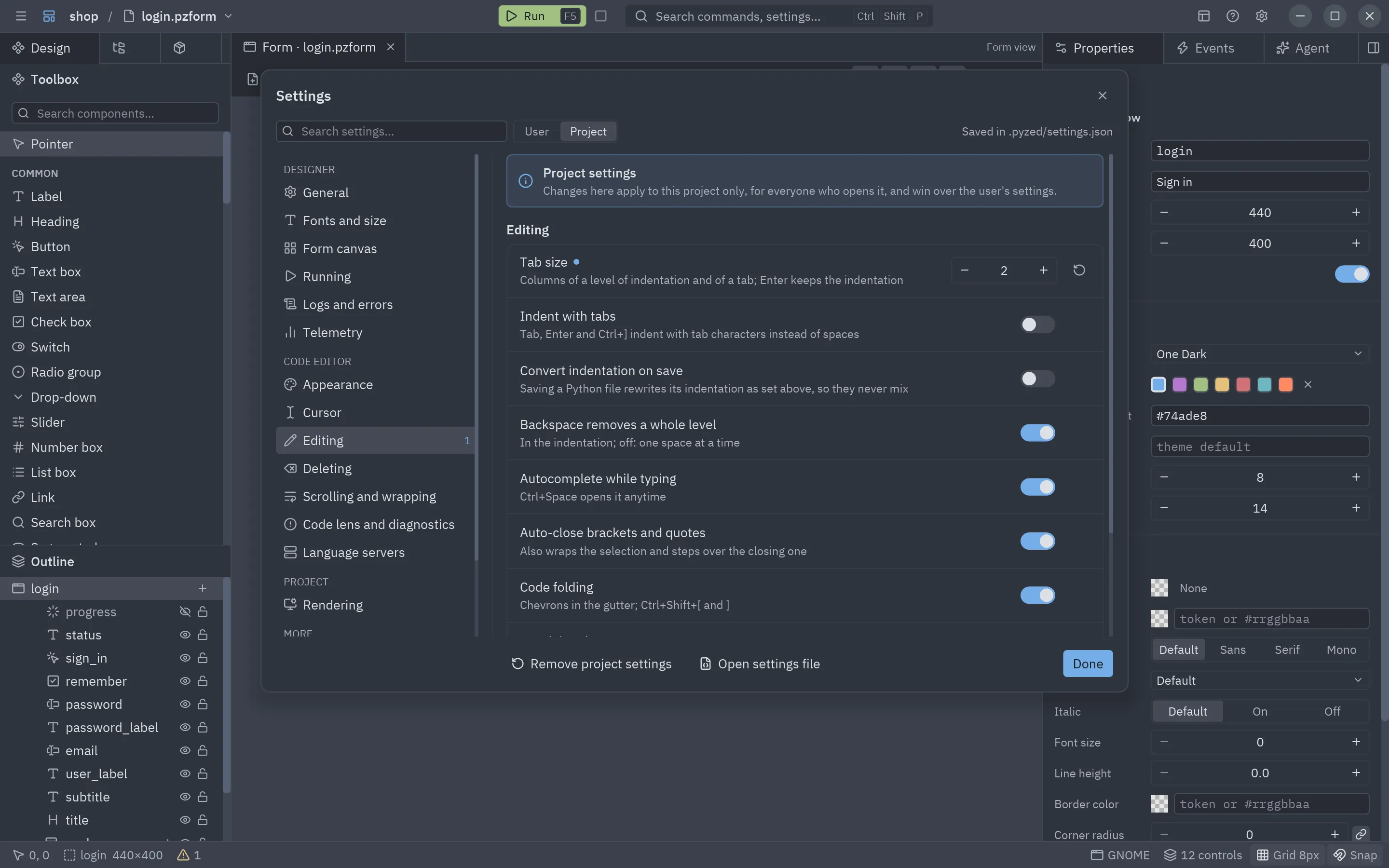 The project scope: the project uses tabs of 2