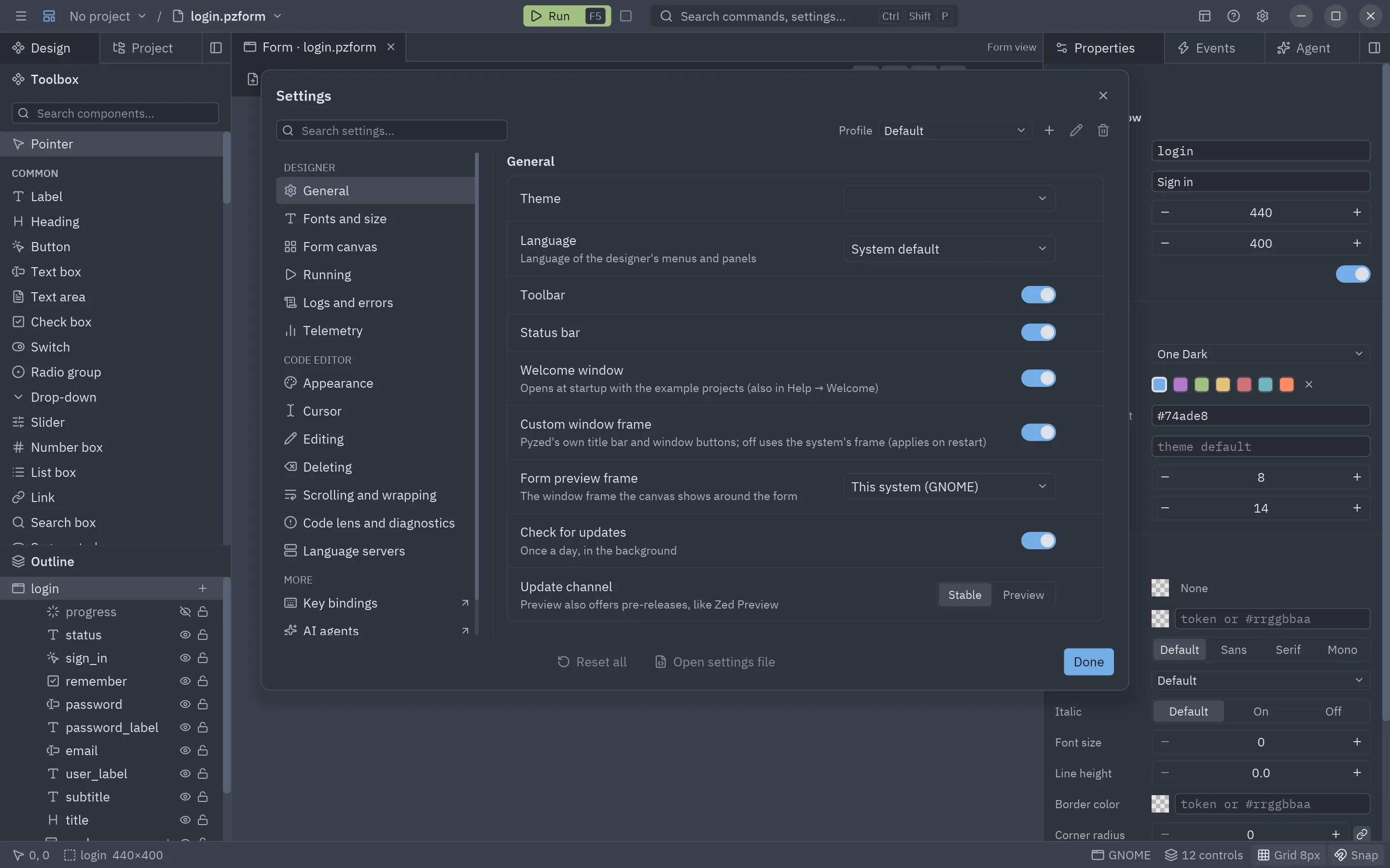 The settings dialog