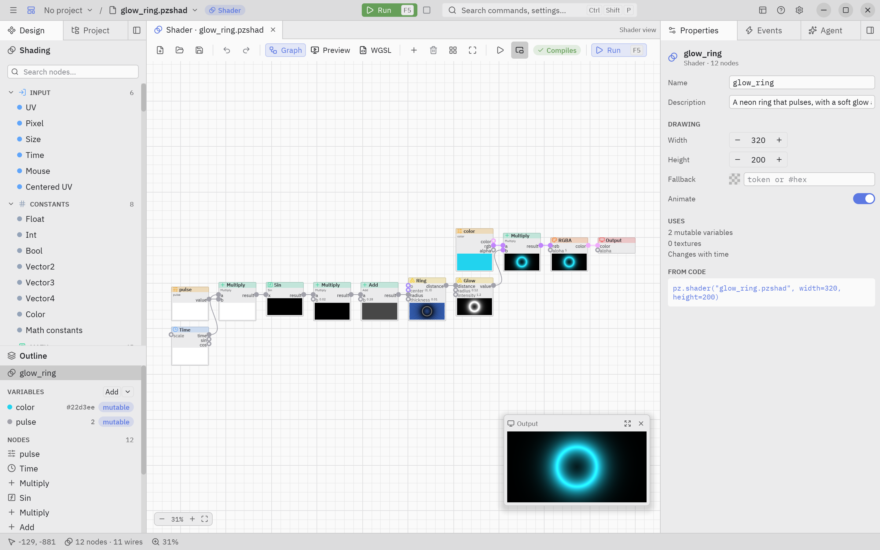 The Shader view: a graph of nodes with previews and the Output preview