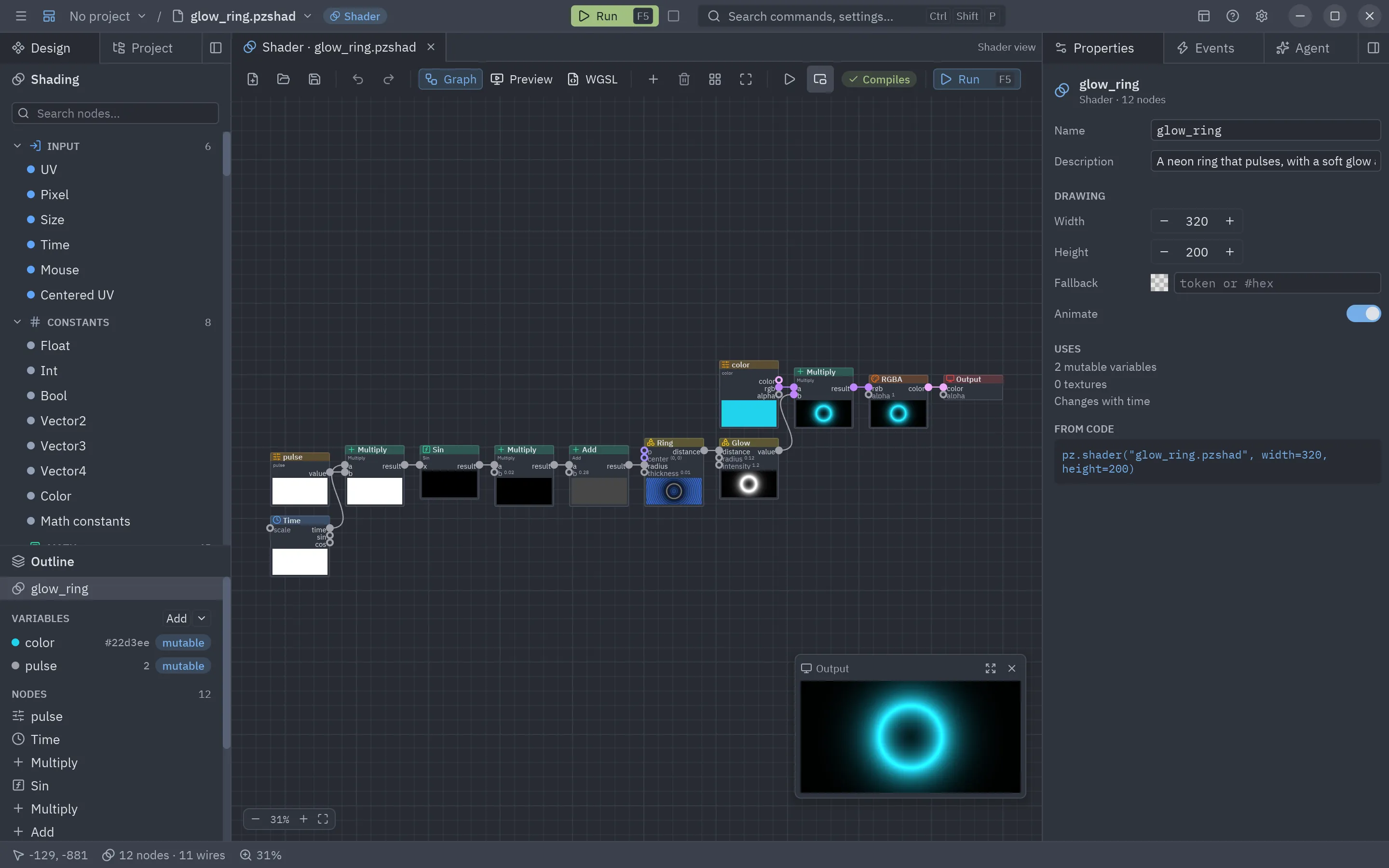 The Shader view: the Shading sidebar, the graph with a preview on every node and the Output preview