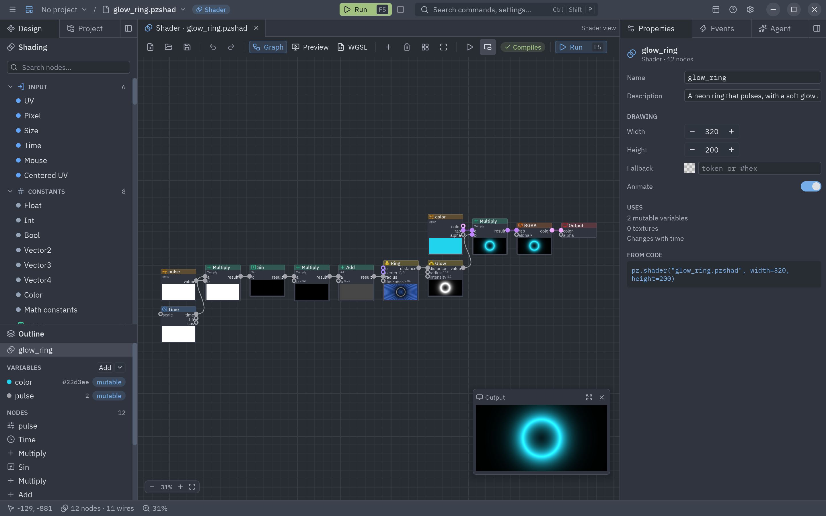 The Shader view: sidebar of nodes, the graph with previews and the output