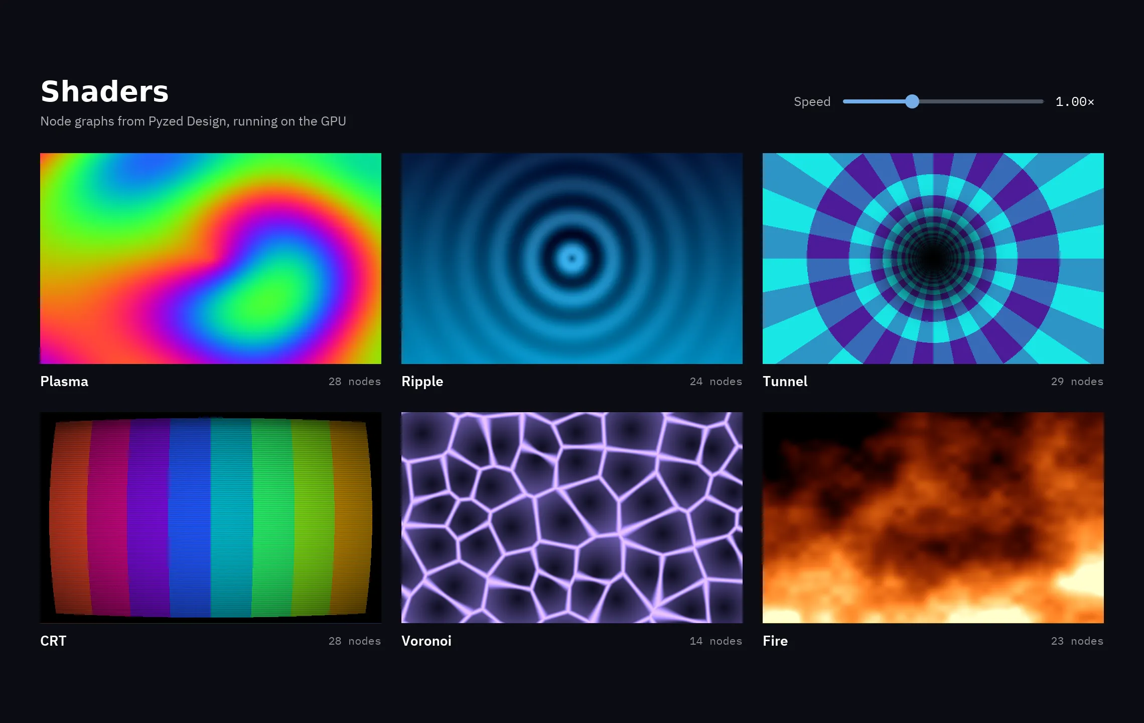 A grid of animated GPU shaders