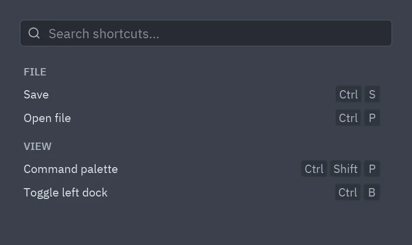 A searchable shortcuts list