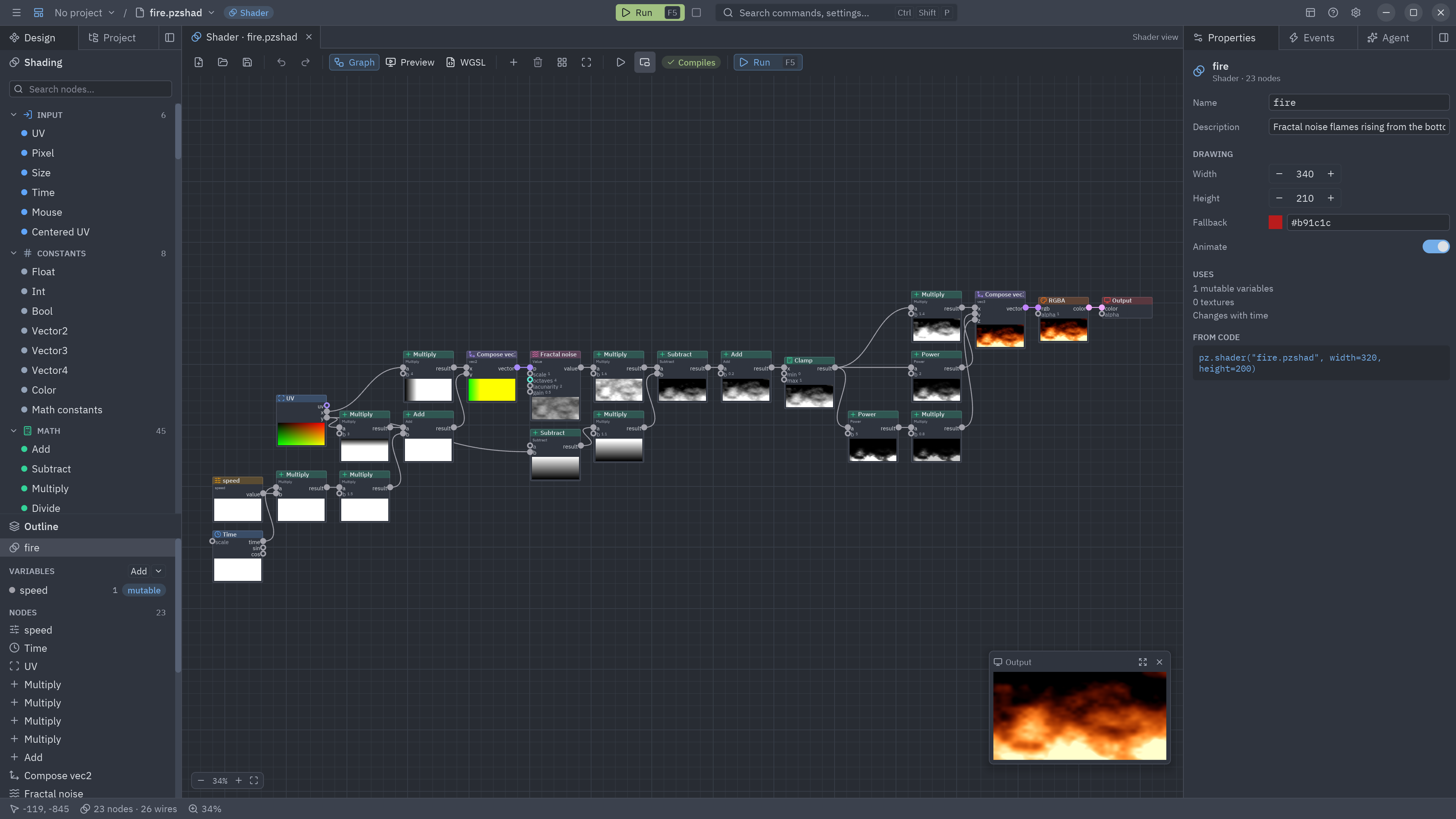 A fire shader graph in the Shader view, from the shader showcase
