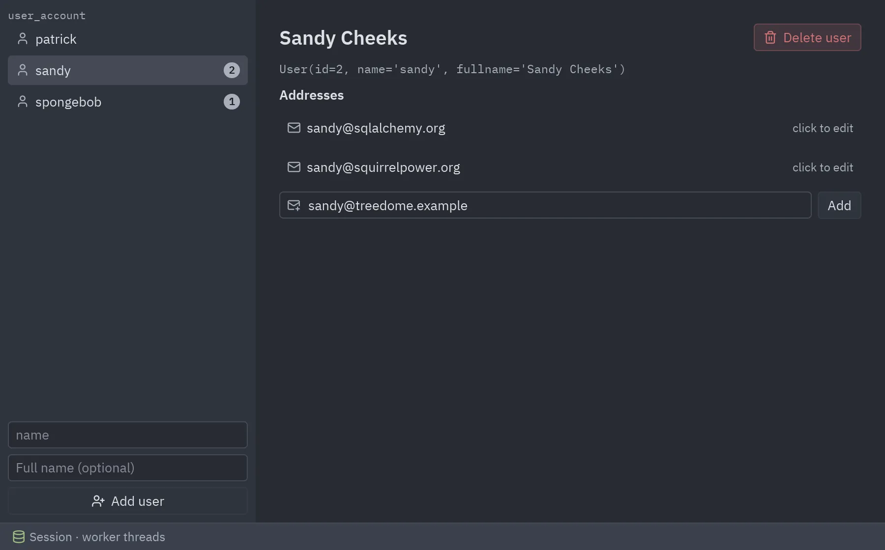 Users and their email addresses from SQLAlchemy’s Quick Start
