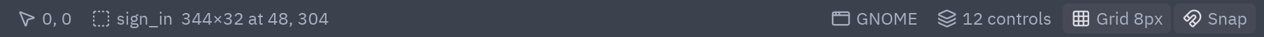 The status bar: pointer position, the selected control sign_in with its size and position, the GNOME frame, 12 controls, Grid 8px and Snap
