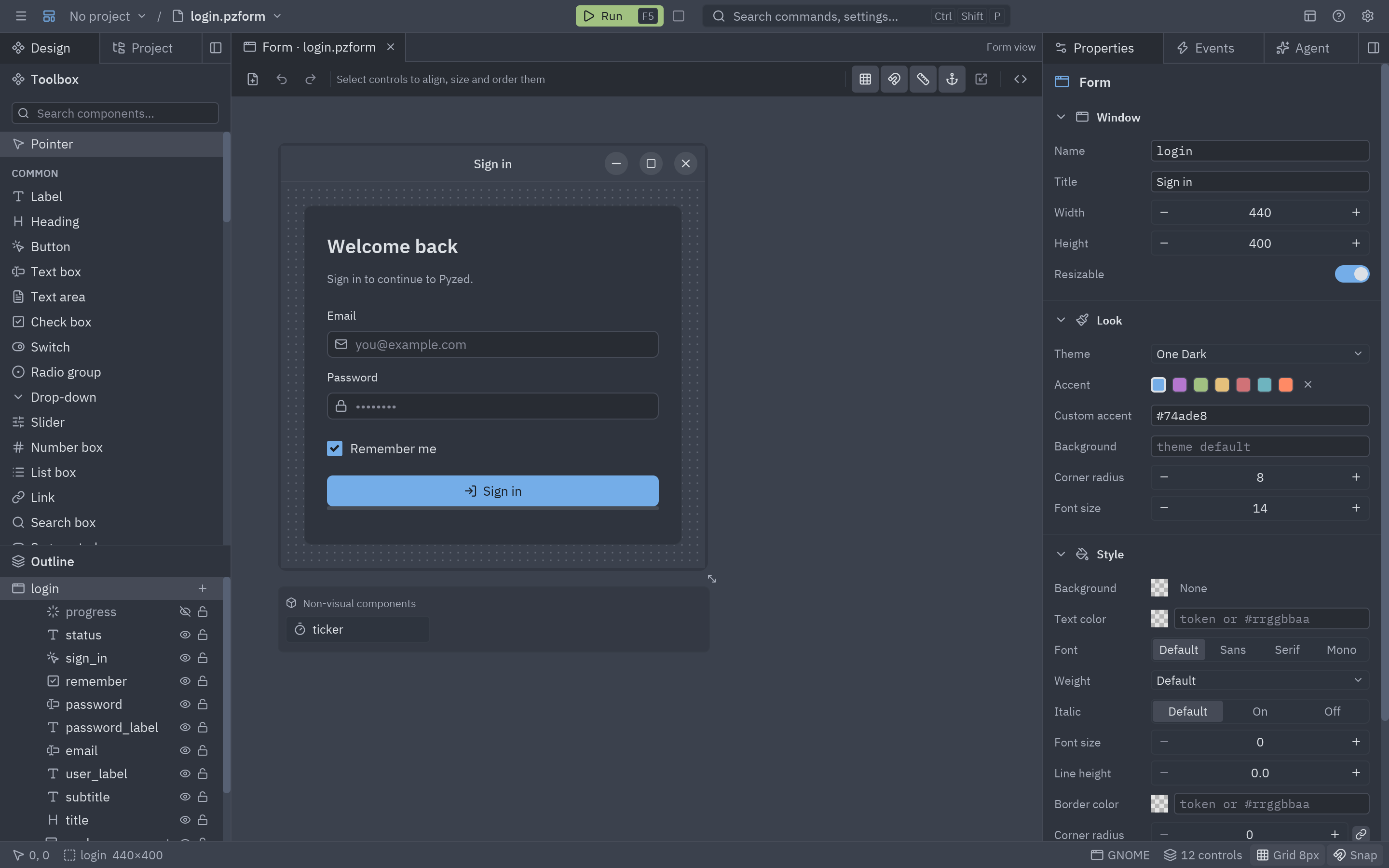 Pyzed Design with Custom window frame turned off: the bar with the menus and Run has no window buttons