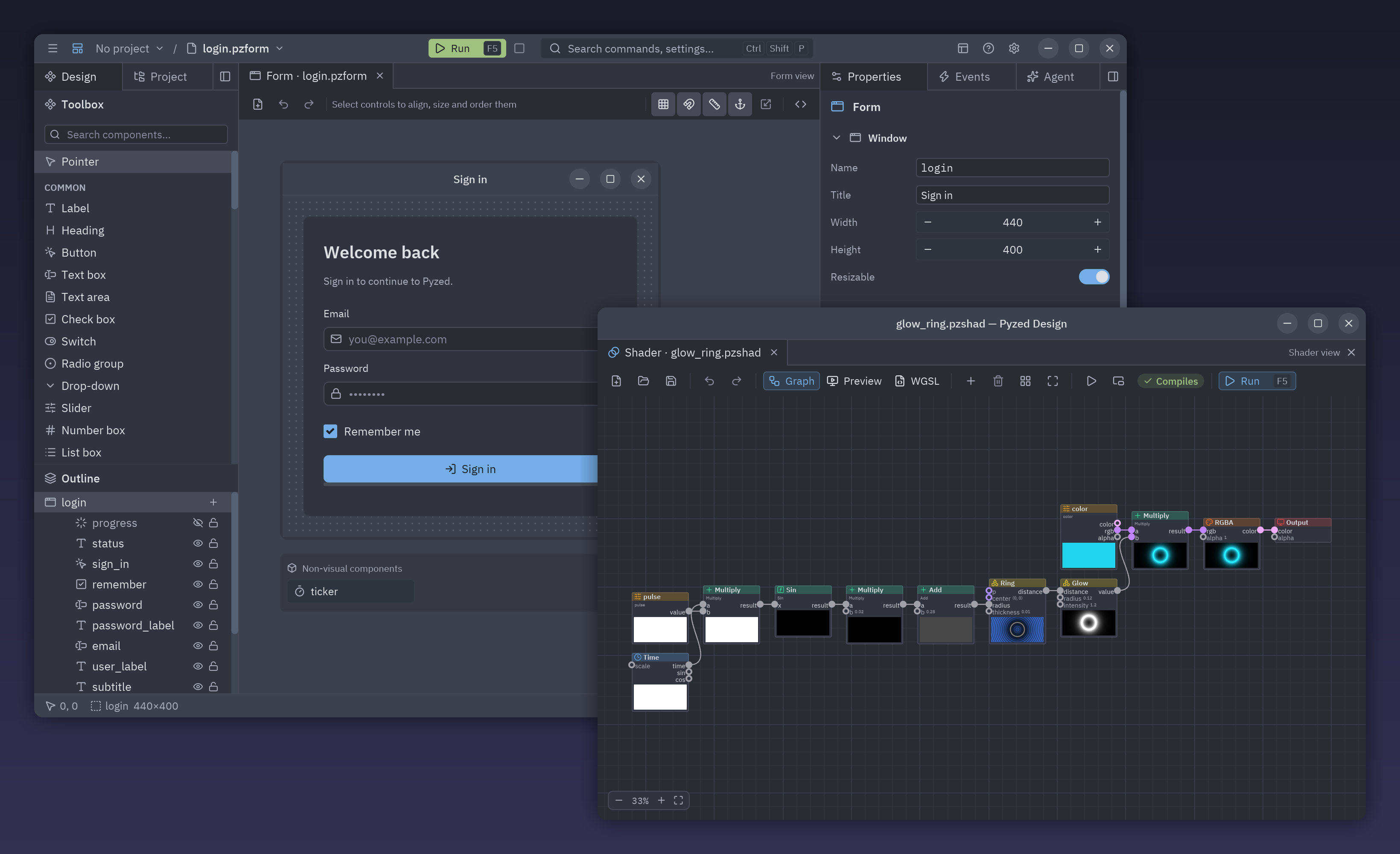 A shader dragged out of the main window into a second Pyzed Design window