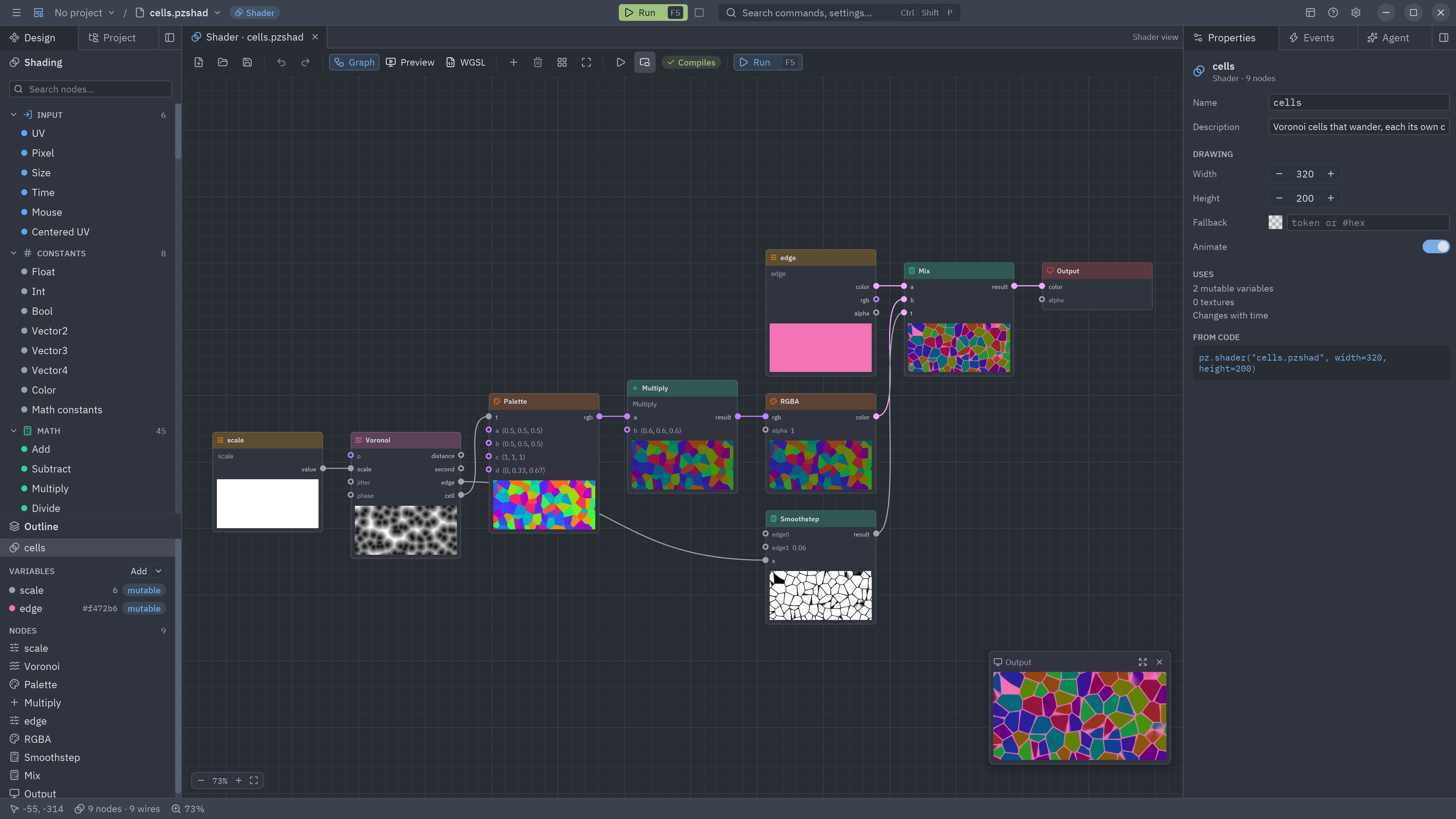 The Living cells template in the Shader view: Voronoi noise colored by a palette