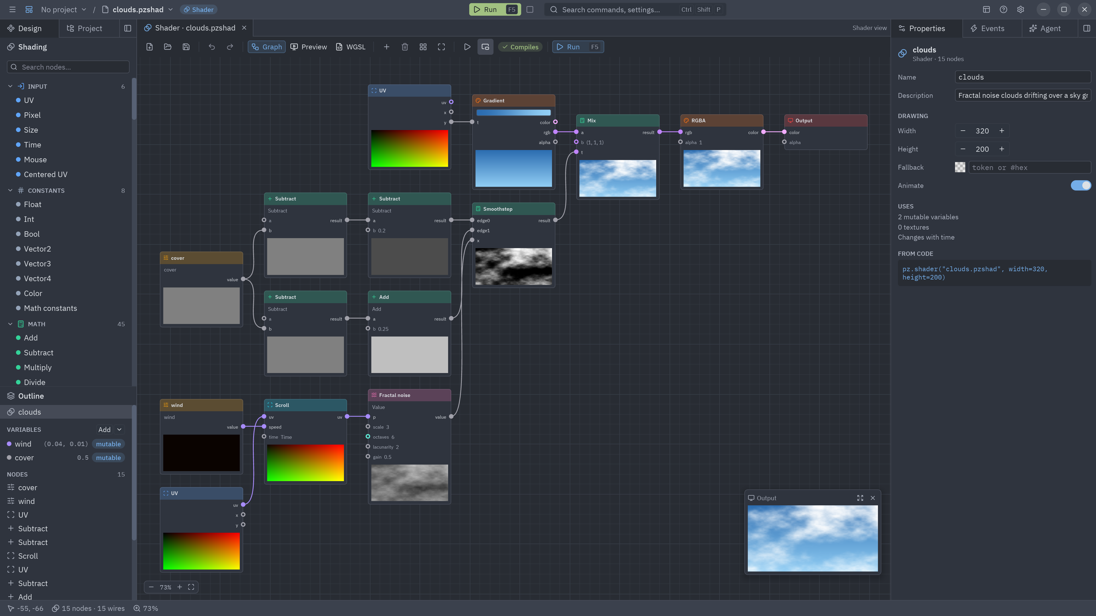 The Drifting clouds template in the Shader view: scrolling fractal noise mixed over the sky color