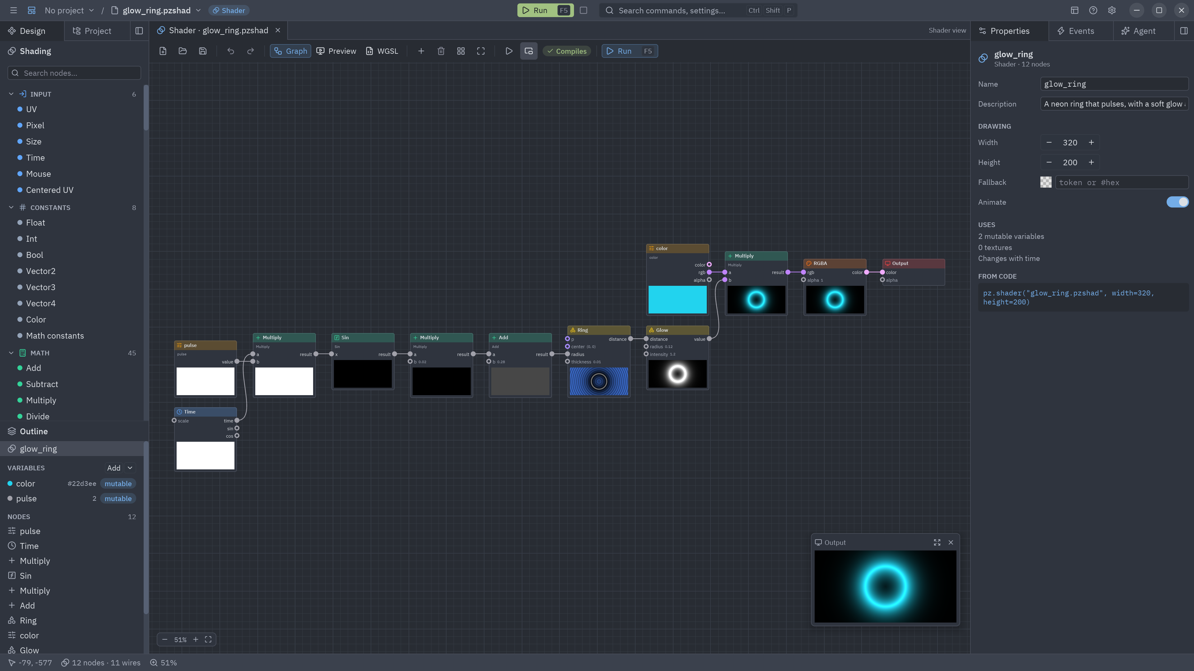 The Neon glow ring template in the Shader view: the ring, its glow and the pulse wired into the Output