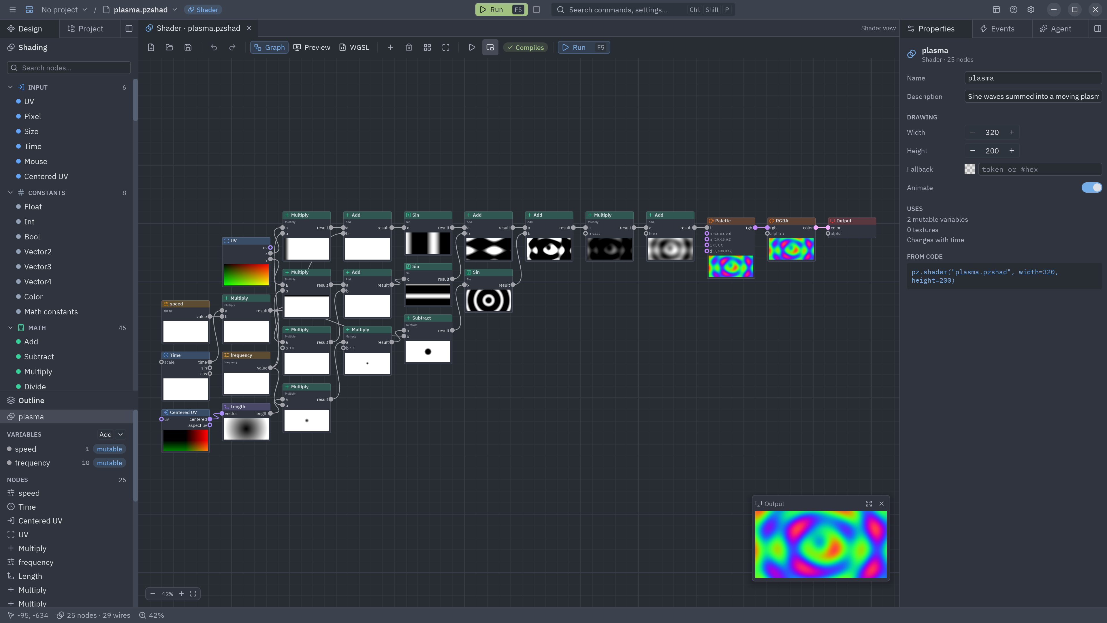 The Plasma template in the Shader view: sine waves of the UV and time added together