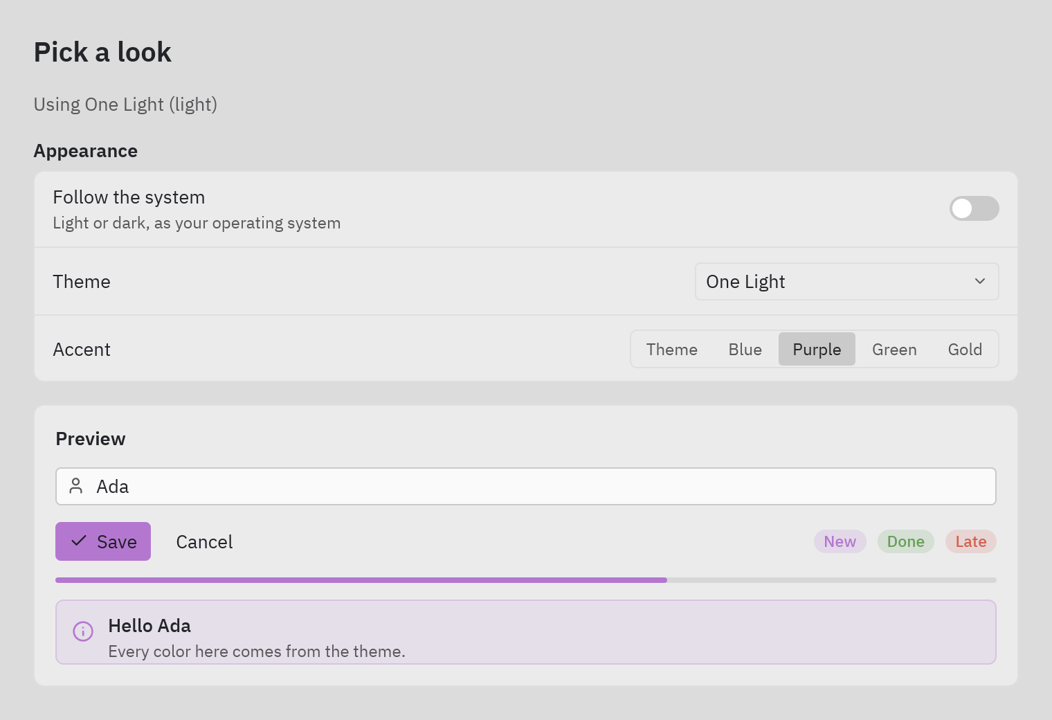 The theme switcher with a custom Sunset theme