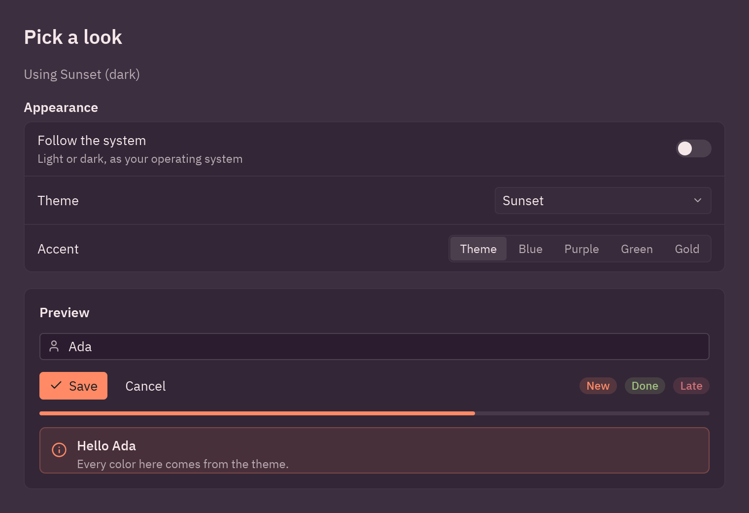 The theme switcher with a custom Sunset theme