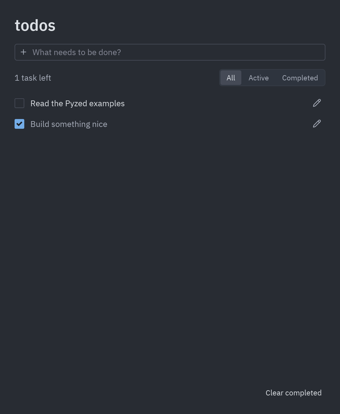 The Todos app with a few tasks, one of them done