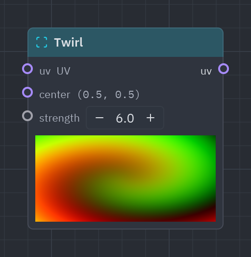 The Twirl node as it looks in the Shader view, with its preview