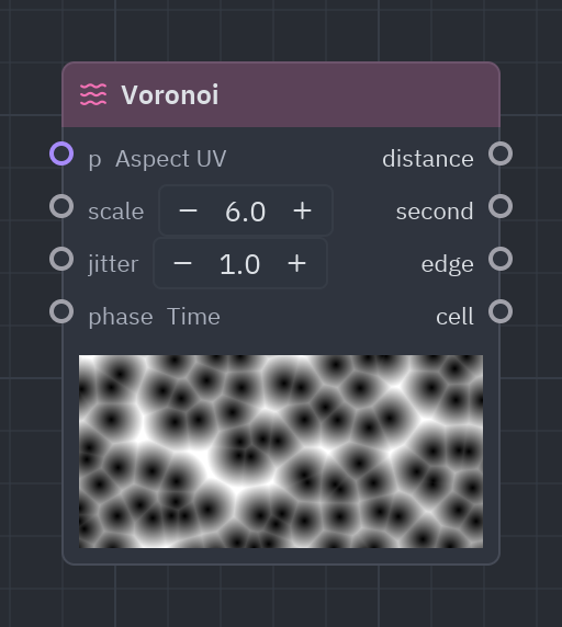 The Voronoi node as it looks in the Shader view, with its preview