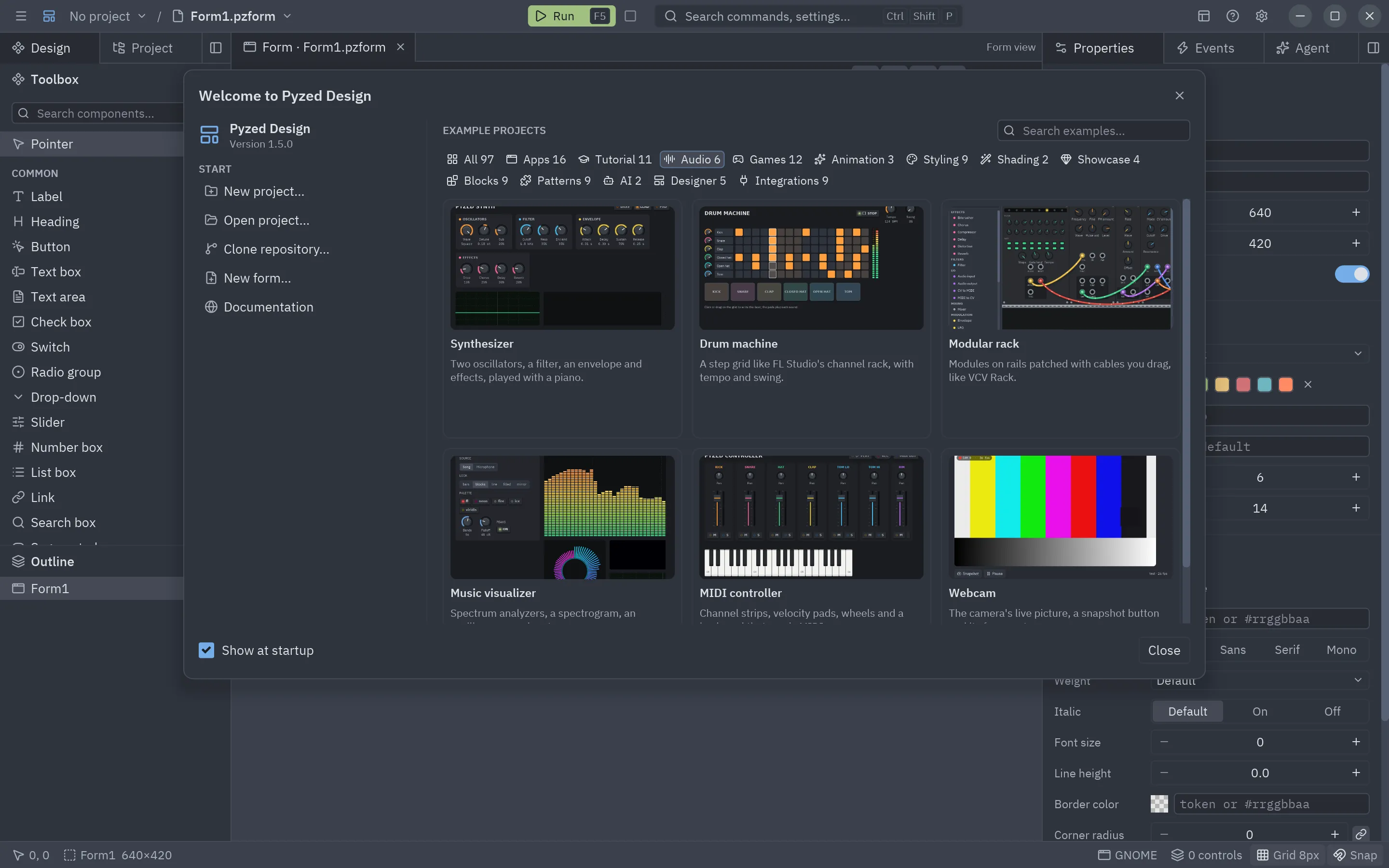 The Audio category of the gallery: the synthesizer, the drum machine, the modular rack, the visualizer, the MIDI controller and the webcam