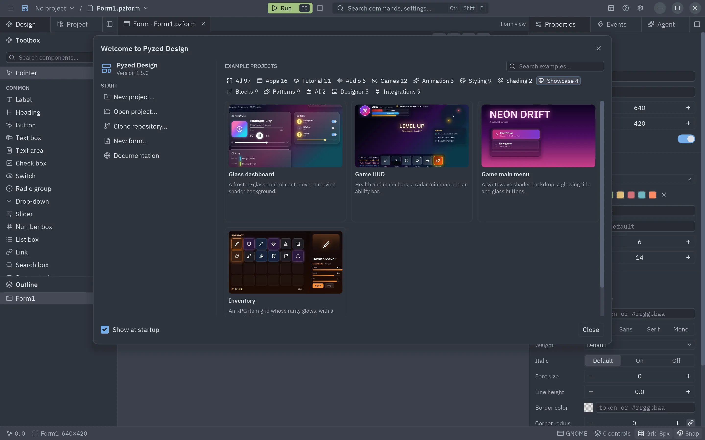 The Showcase category of the gallery: the glass dashboard, the game HUD, the main menu and the inventory