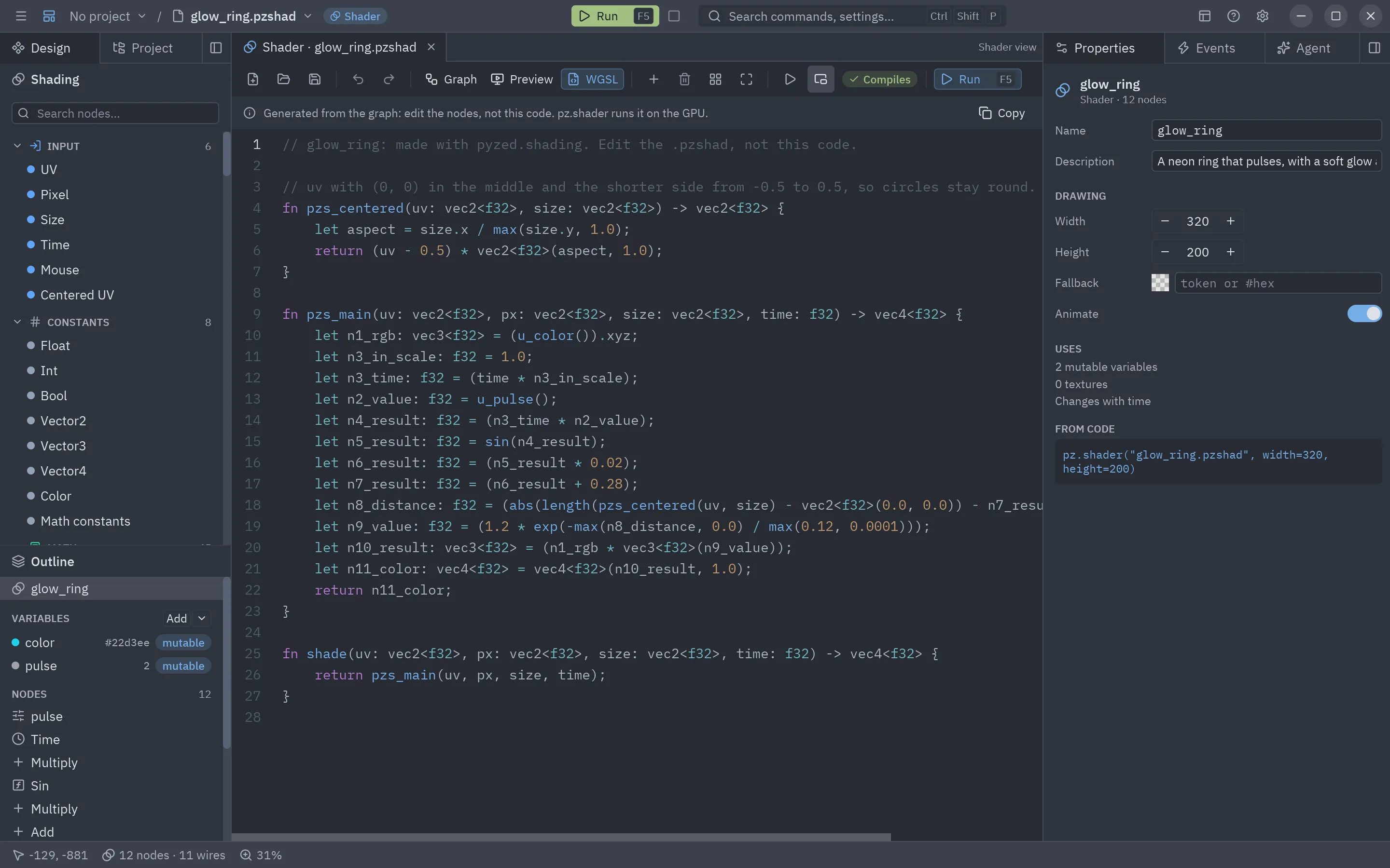 The WGSL tab: the code the glow ring graph compiles to, with line numbers