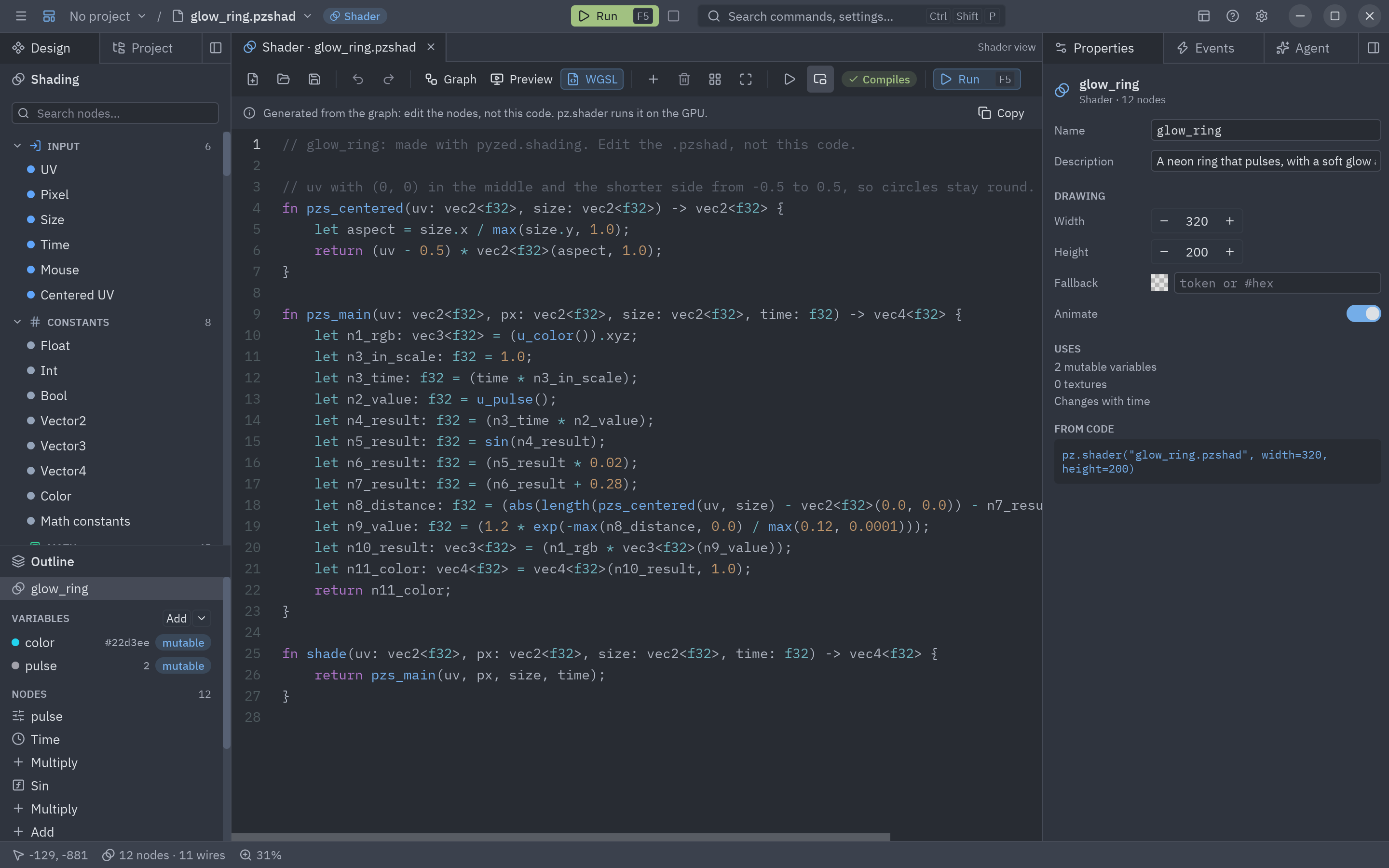 The WGSL tab: the code the graph compiles to