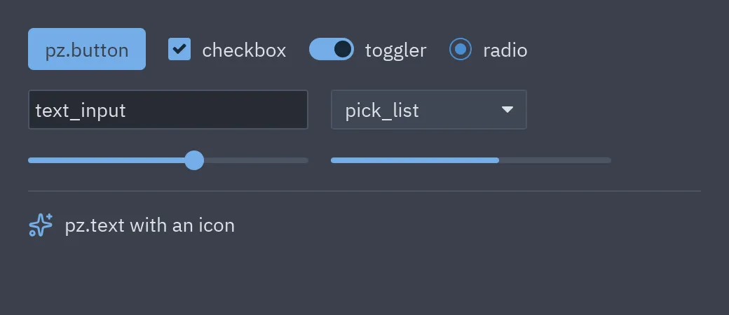 Base widgets: buttons, inputs, sliders, progress and text