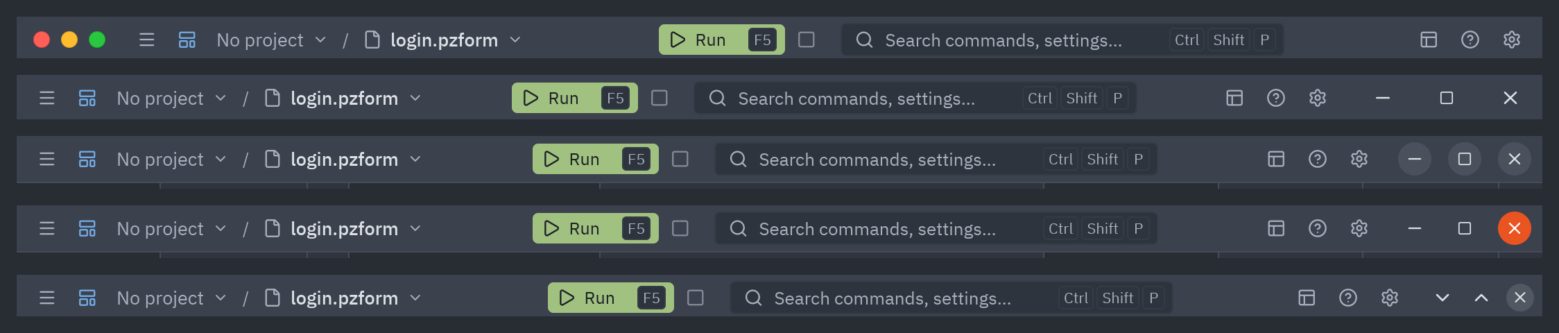 The same title bar five times, with the window buttons of macOS, Windows 11, GNOME, Ubuntu and KDE Plasma