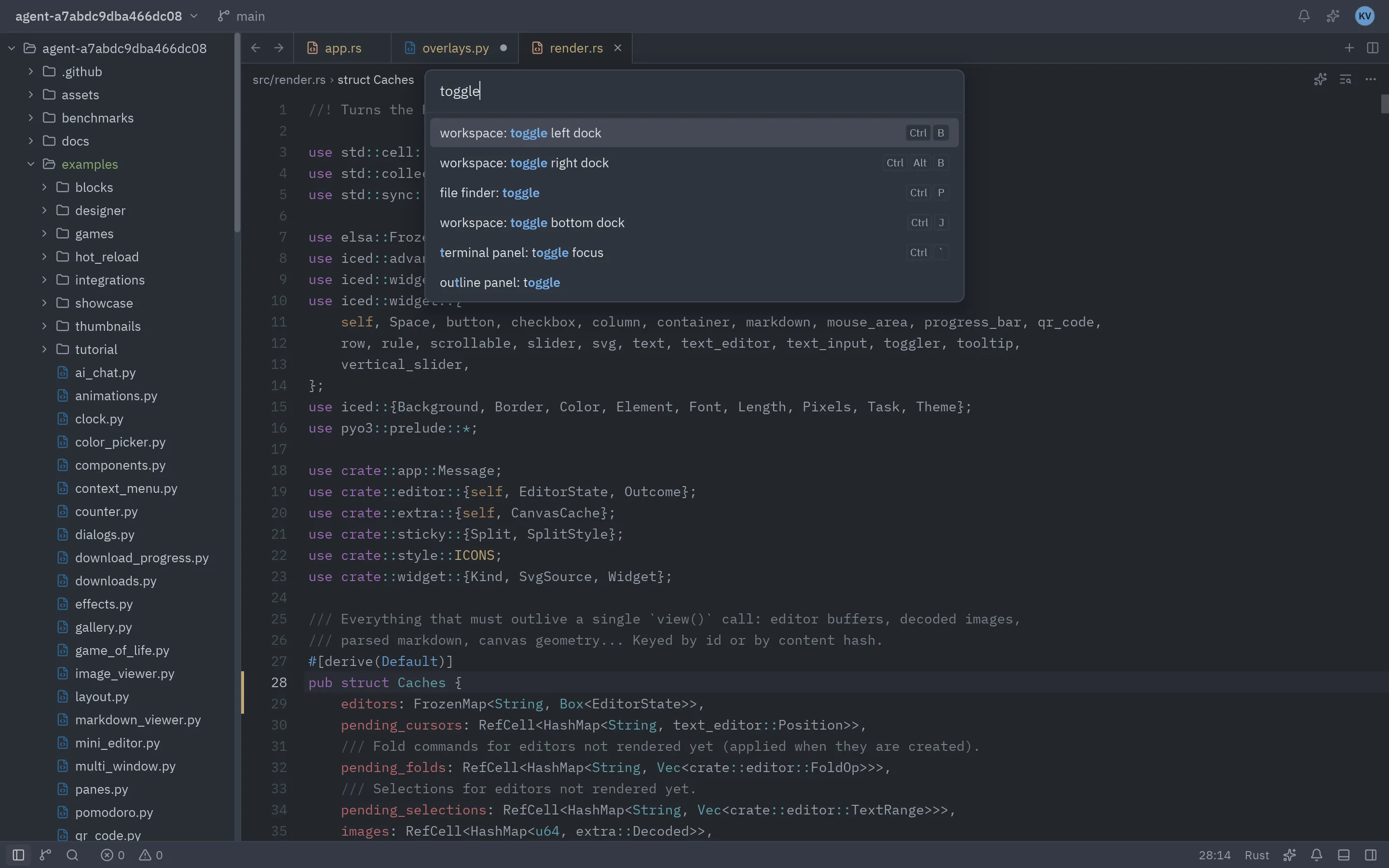 The command palette open over the editor