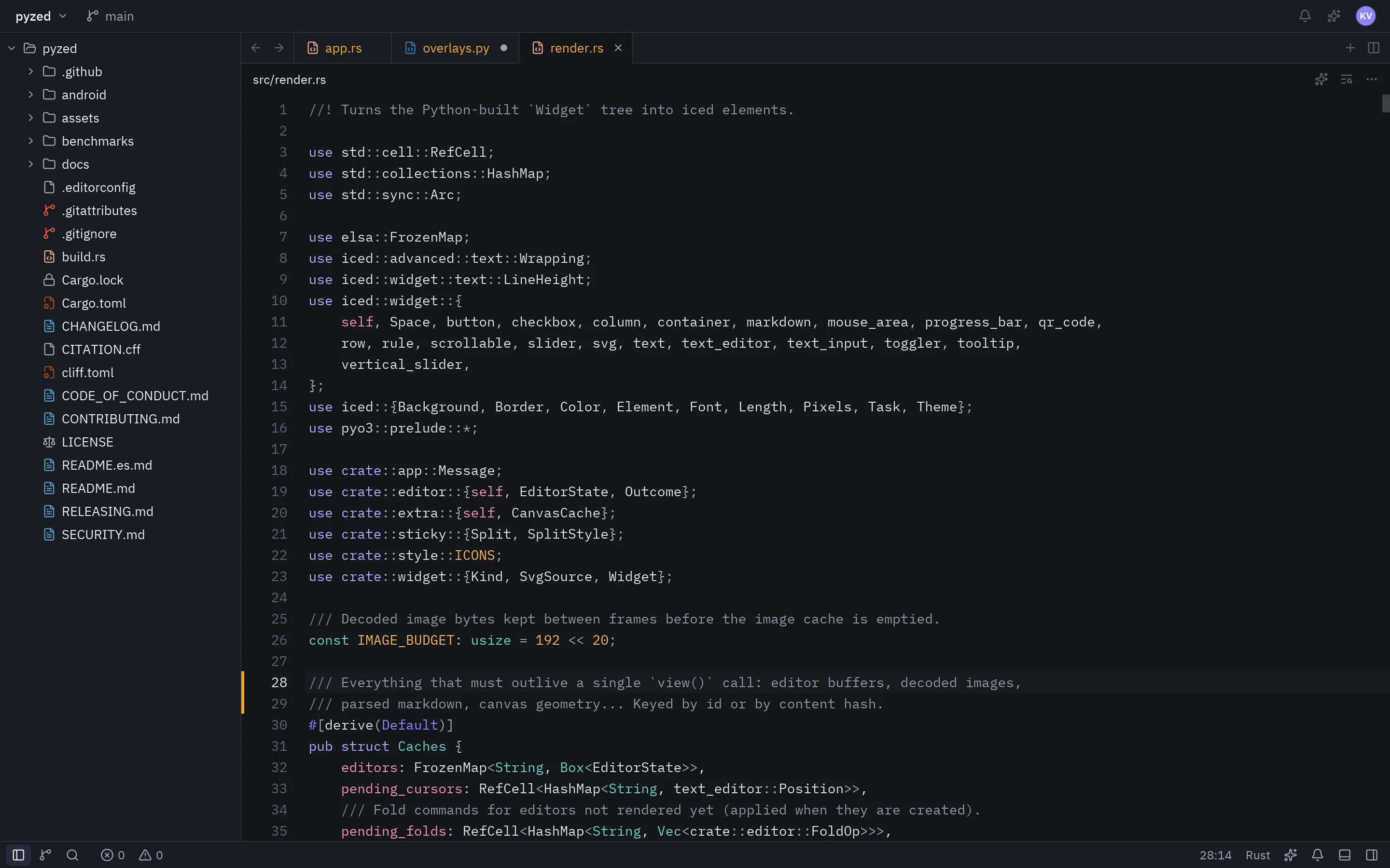 Un espacio de trabajo estilo editor hecho con Pyzed, con el tema Pyzed Dark