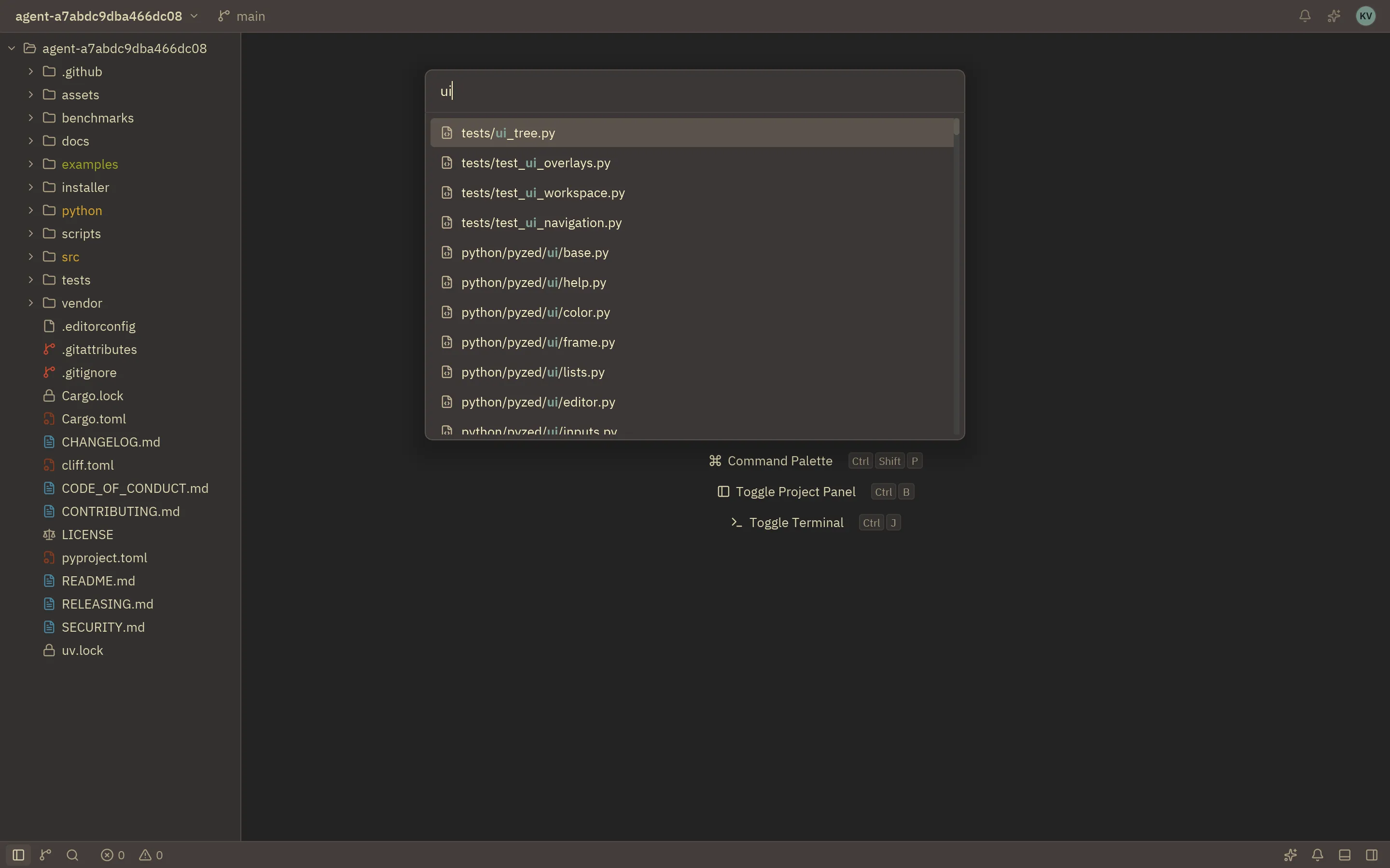 The same app in Gruvbox Dark with the file finder open