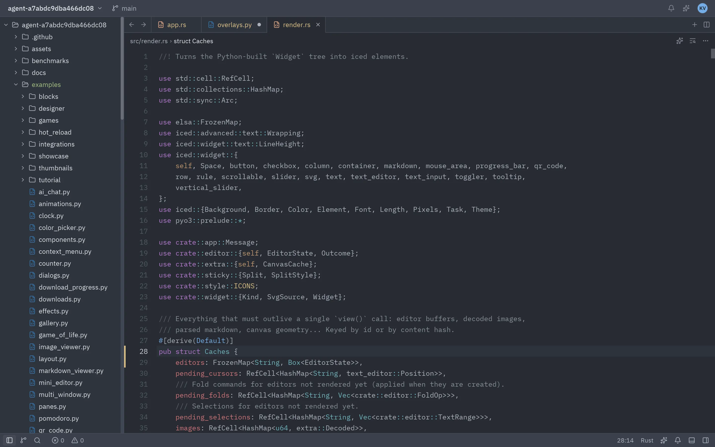 A code editor built with Pyzed in One Dark (One Light in the light theme)