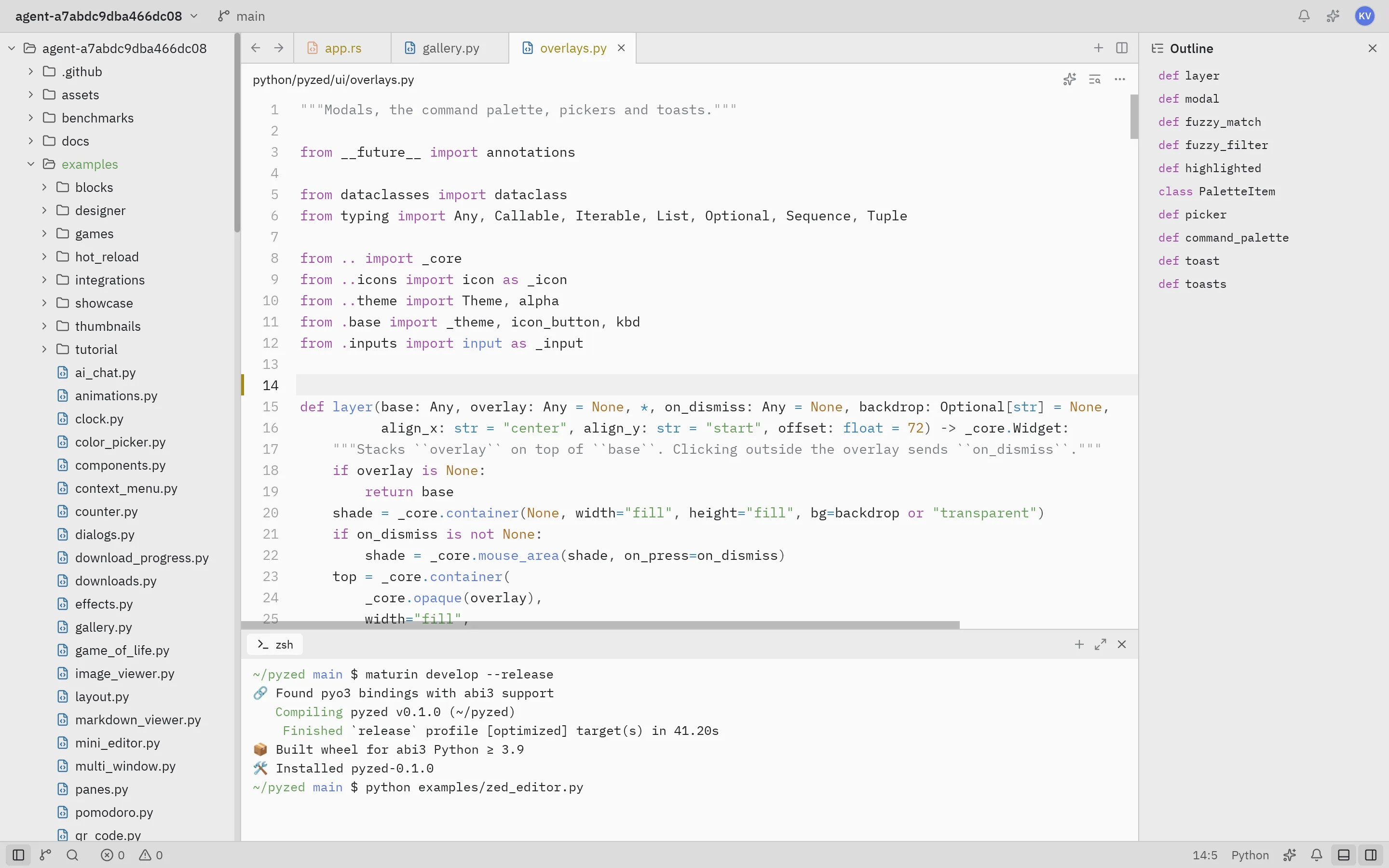 A code editor built with Pyzed in One Dark (One Light in the light theme)