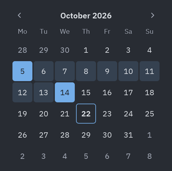 Calendar: mode="range"