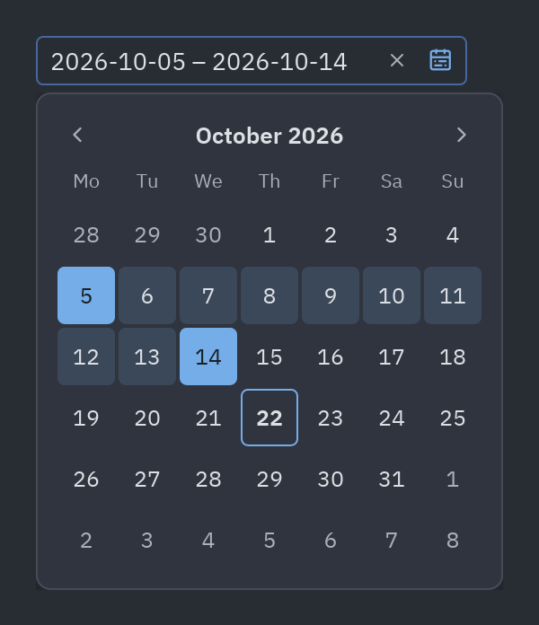 Selector de rango de fechas: months=1, presets=False