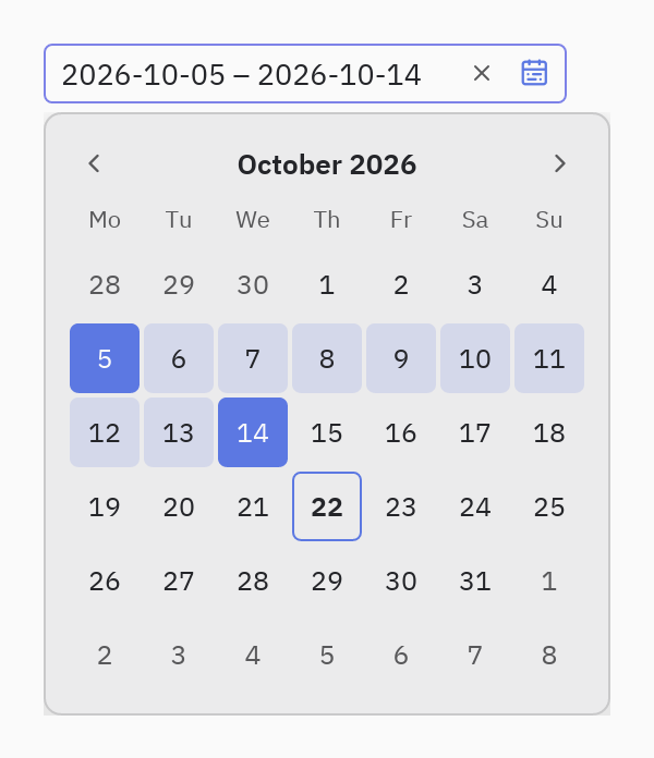 Selector de rango de fechas: months=1, presets=False