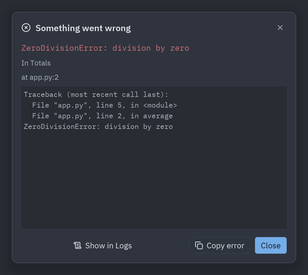 Error dialog: on_logs=