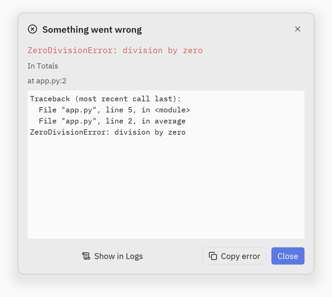 Error dialog: on_logs=