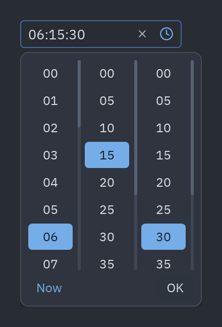 Time picker: format="HH:mm:ss"