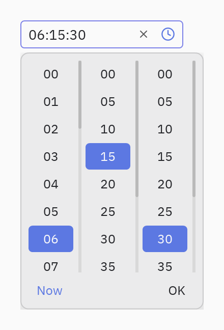 Time picker: format="HH:mm:ss"