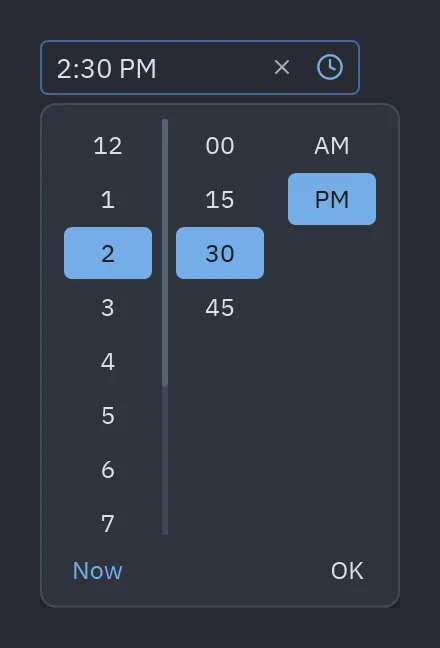 Time picker: format="h:mm A"
