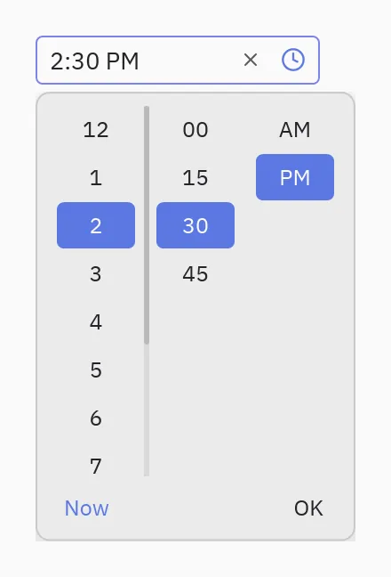 Time picker: format="h:mm A"