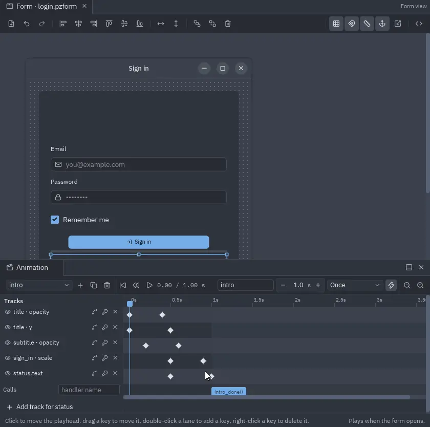 The Animation panel: dragging the playhead through an intro clip makes the title drop in, the subtitle fade in and the Sign in button grow on the form above