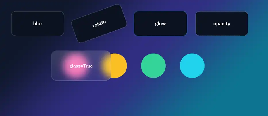 Over a colorful gradient: a card blurring and sharpening, one tilting, one glowing, one fading, and a glass panel sliding over colored circles
