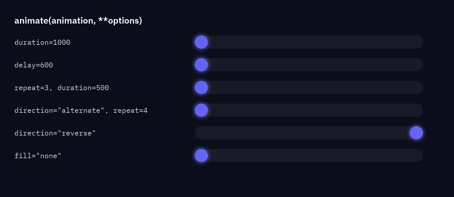 Six balls on six lanes, each with one option: duration, delay, repeat, alternate, reverse and fill none